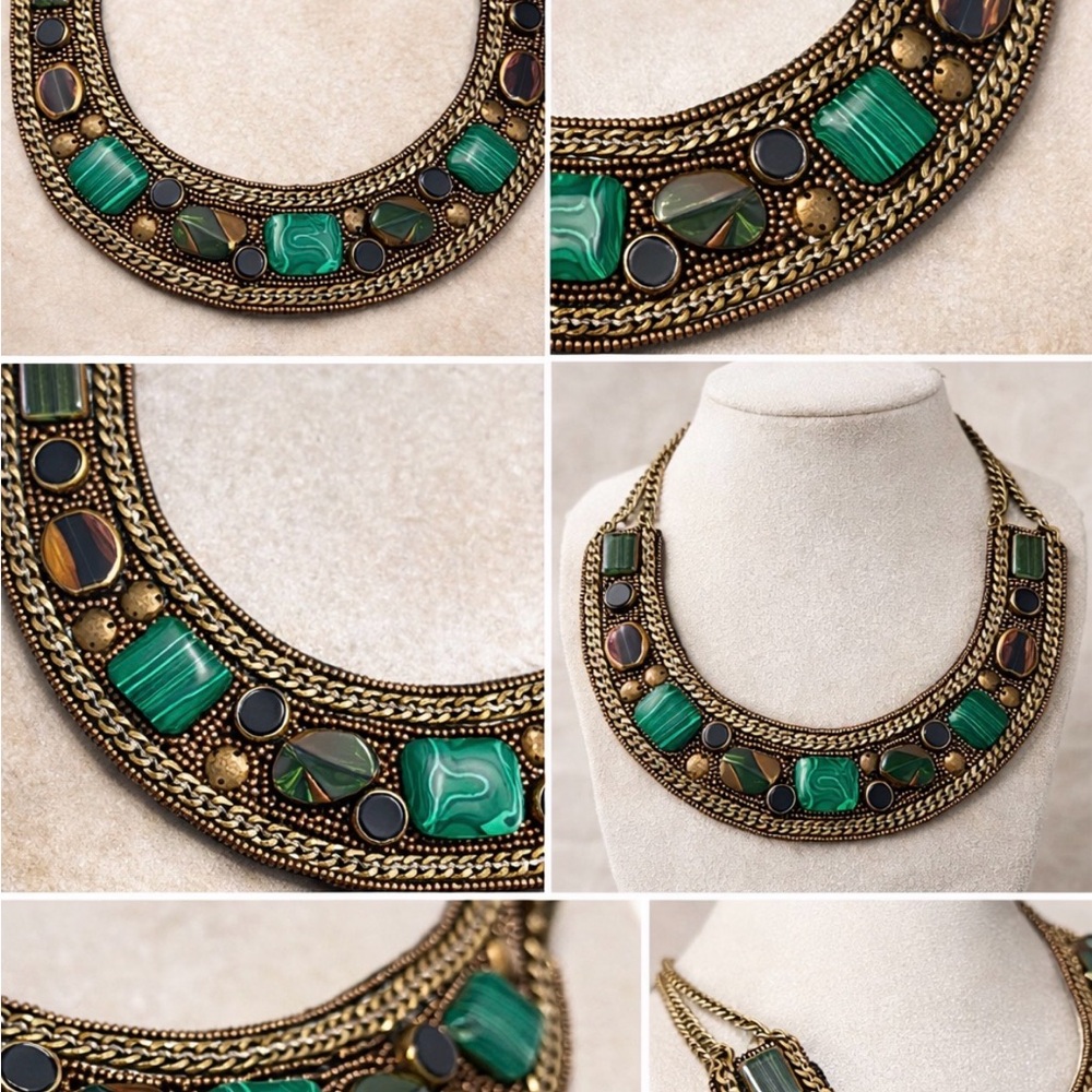 Boho Statement Bib Necklace | Malachite Style | Vintage-Inspired | Brass Tone